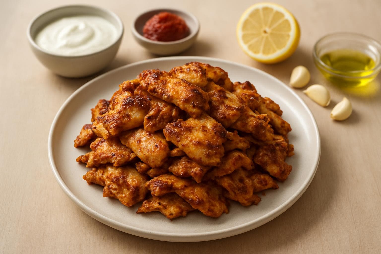 Sliced oven shawarma chicken stacked on a serving board