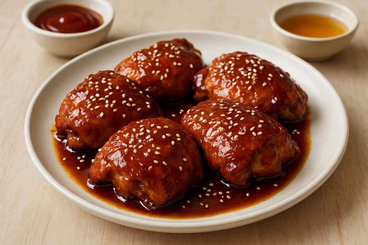 Glazed hoisin chicken thighs with sesame seeds and chives