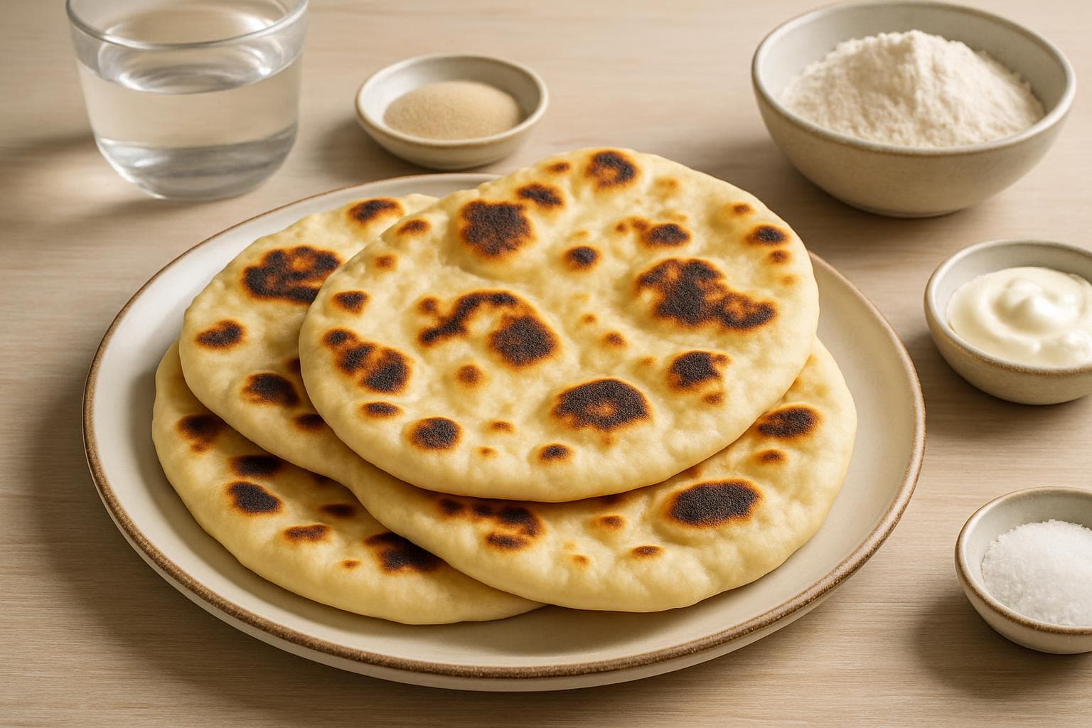 Stack of charred naan breads brushed with garlic butter